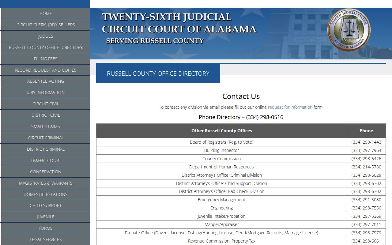 Russell County court docket office directory and clerk contacts