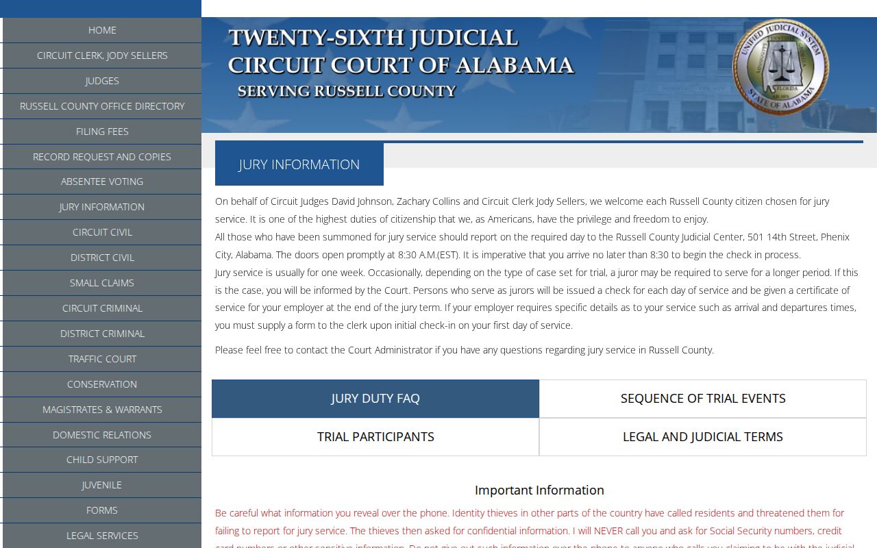 Russell County court calendar jury and hearing information