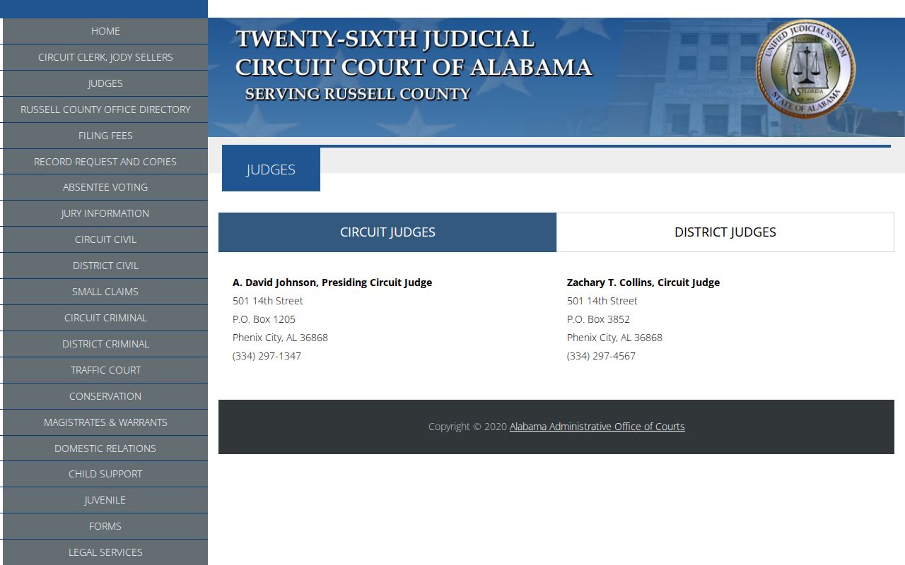 Russell County court calendar Circuit and District judge contacts