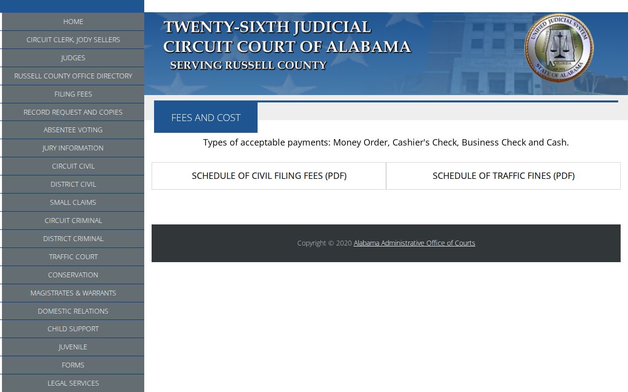 Russell County local civil filing fee schedules