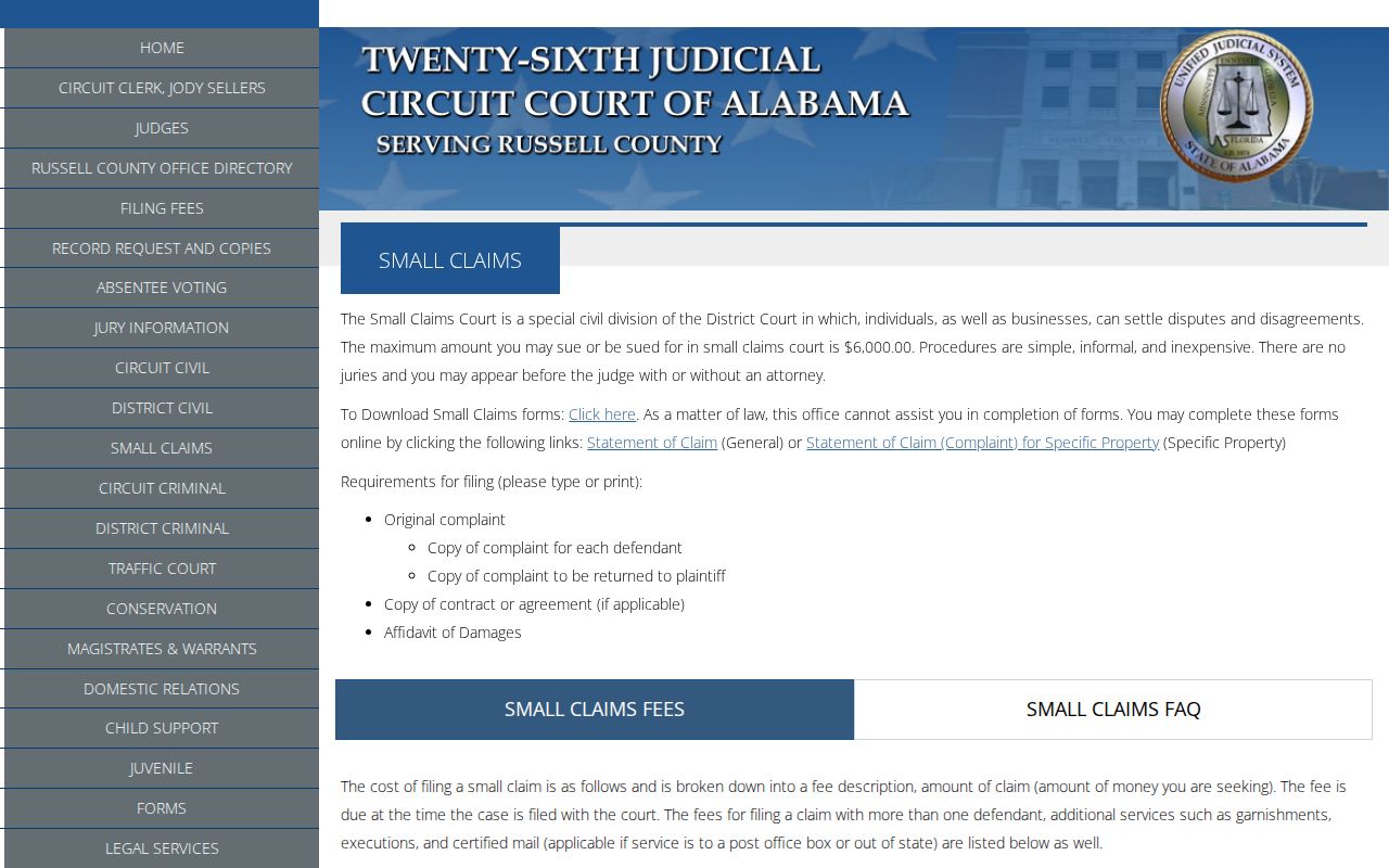 Russell County small-claims limits and fee information