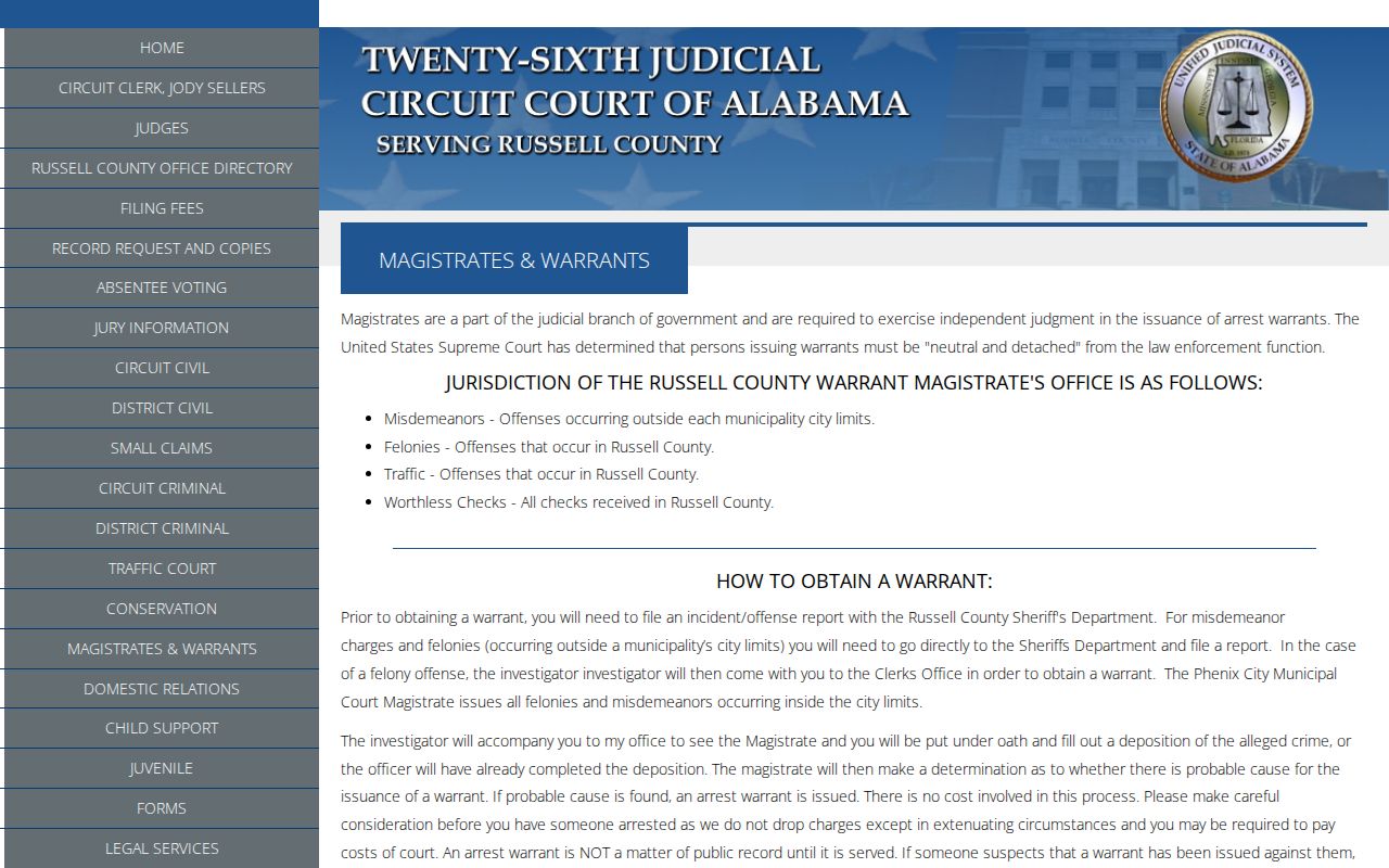 Russell County magistrates page explaining warrant access
