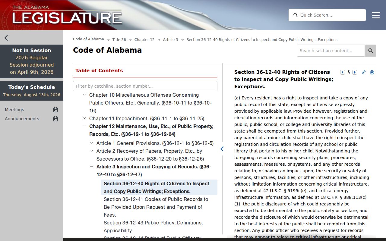 Alabama public-record law governing Russell County court records