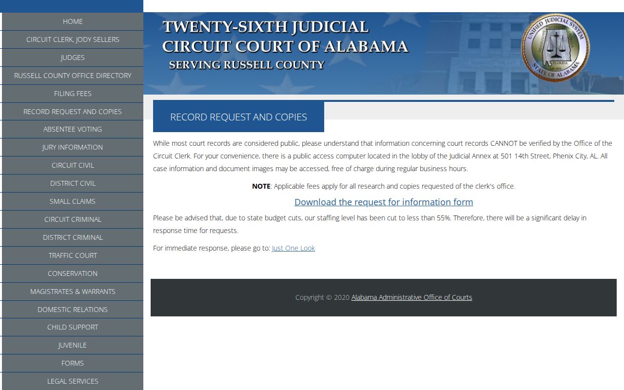 Russell County court records request and free lobby access page