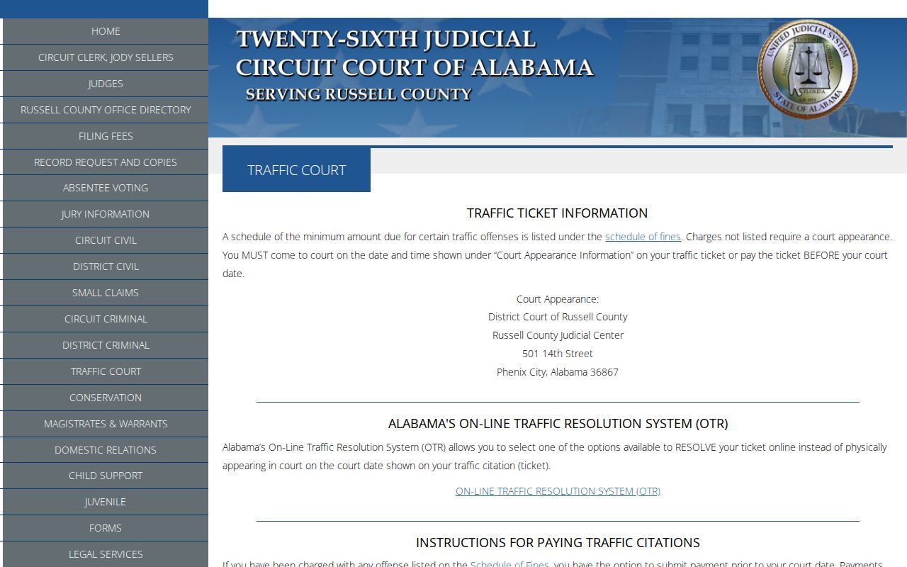 Russell County traffic court records and local ticket instructions